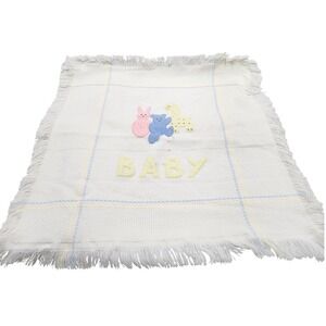 Stork Club Baby Blanket White Acrylic Knit Fringe Giraffe Bear Bunny Italy VTG